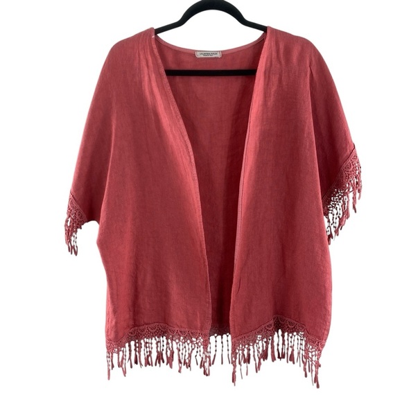 Valentina Naldi Made in Italy Coral 100% Linen Lace Fringe Trim Kimono O/S - Picture 1 of 12